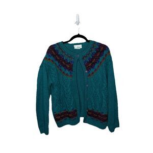 Vintage Jamie Scott Hand Knitted Cardigan Sweater Green Purple Womens Size La